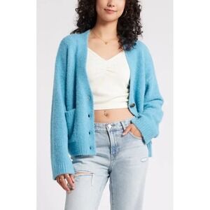 BP. Blue Fuzzy V-Neck Cardigan Sweater Size XS Medium Knit Drop Shoulder Casual